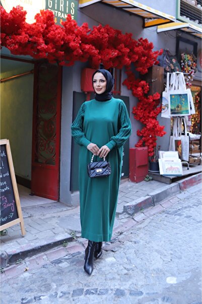 NİSUM MODA Simli Balon Kol Merserize Elbise