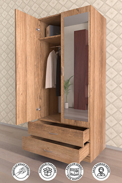 hediye kapında "Alelia" Aynalı Gardırop 5 Raflı Askılı 2 Çekmeceli Elbise Dolabı