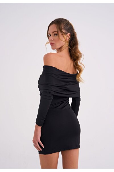 La Sarta Champain Dress Kadın Düşük Omuzlu Uzun Kollu Siyah Elbise