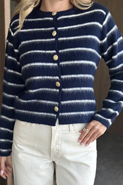 Laluvia Navy Blue Crew Neck Striped and Furry Epaulettes Cardigan