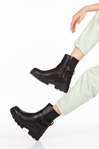 Limeo Μαύρη πόρπη Λεπτομερής φερμουάρ στην πλάτη Stretch Δερμάτινη εμφάνιση Καθημερινά γυναικεία μποτάκια