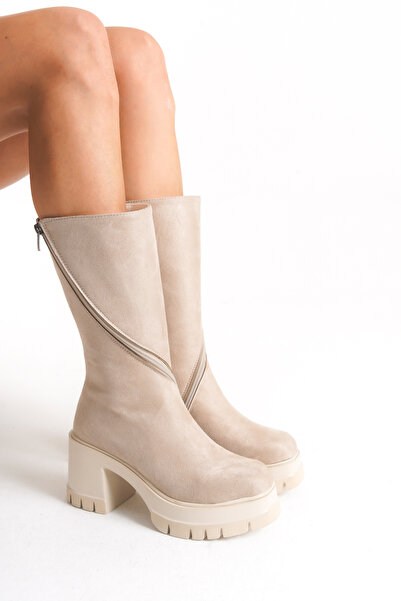 Limeo Women's Beige Round Toe Thick Soled Zippered Platform Heeled Long Boots