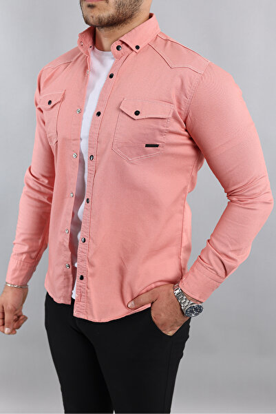 a02teks Ανδρικό τζιν πουκάμισο Slim Fit Light Powder