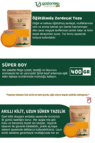 Gaziantep Baharat Zerdeçal Toz 400gr – Doğal Ve Taze, Sağlıklı Baharat, Yemeklerde Eşsiz Lezzet