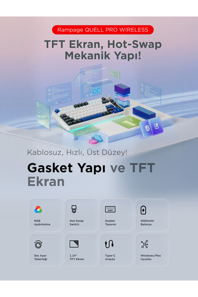 Rampage Quell Pro Dijital Ekranlı Beyaz Hot Swap 2.4G + BT Wireless RGB Gasket Oil Switch Türkçe Q P