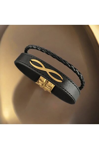 ARCHINO GOLD 14 Ayar Altın Plakalı Erkeklere Özel Hakiki Derili Sonsuzluk Motifli Bileklik-389sonsuz-siyah