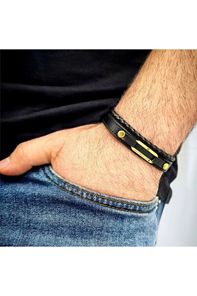 ARCHINO GOLD 14 Ayar Plakalı Altın Aşkı Yansıtan Oval Motifli Derili Erkeklere Özel Harf Bilekliği-391harf-siyah