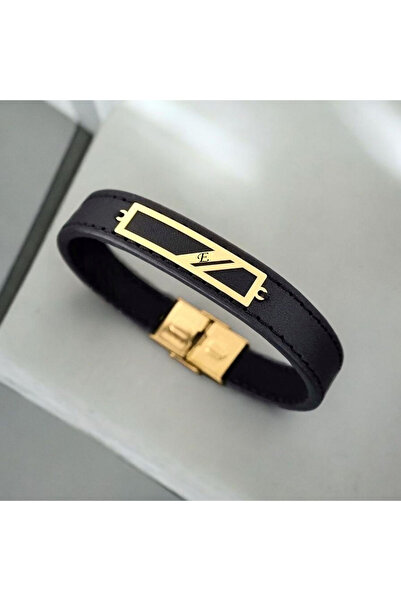ARCHINO GOLD Altın Plakalı 14 Ayar E Harfine Özel Hakiki Siyah Derili Dikdörtgen Motifli Hediye Bileklik-446harf