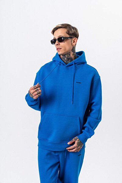 Respire Ανδρικό μπλουζάκι με κουκούλα με λεπτομέρεια κειμένου Basic Oversize Hoodie Μπλε