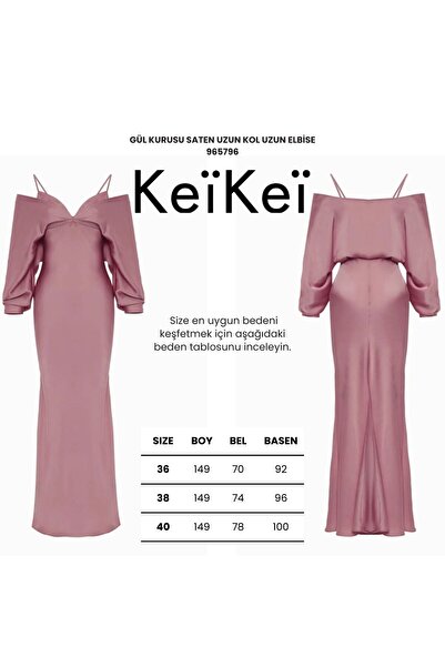 Keikei Gül kurusu saten uzun kol uzun elbise