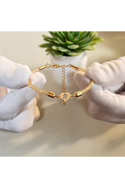 ARCHINO GOLD Altın Plakalı 14 Ayar U Harfine Özel Kalp Figürlü Hasır Kordonlu...