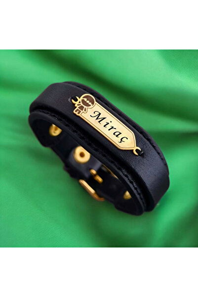 ARCHINO GOLD 14 Ayar Plakalı Altın Erkek Çocuklara Sağ Ok Motifli Derili Miraç Yazılı Bileklik-423isim-siyah