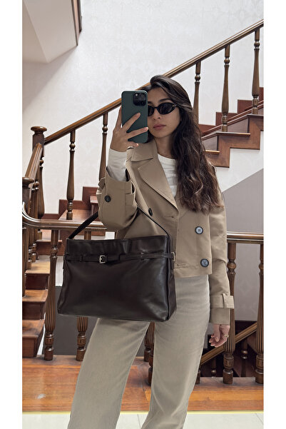 NOTHING Women's Brown Leather Belt Detailed Zipper Closure Hand and Shoulder Bag Sona