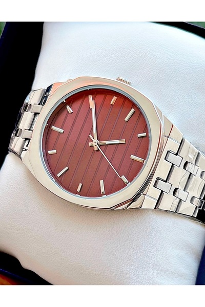 Weluxa Silver Color Claret Dial Steel Band 40mm Small Case Men's Wristwatch