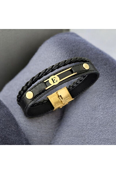 ARCHINO GOLD Altın Plakalı 14 Ayar Daireli Dikdörtgen Motifli Derili E Harfin...