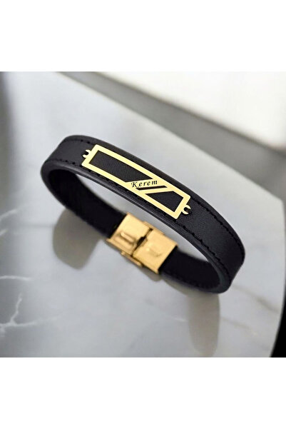 ARCHINO GOLD 14 Ayar Plakalı Altın Kerem Yazılı Hakiki Siyah Derili Dikdörtgen Motifli Hediye Bileklik-446isim