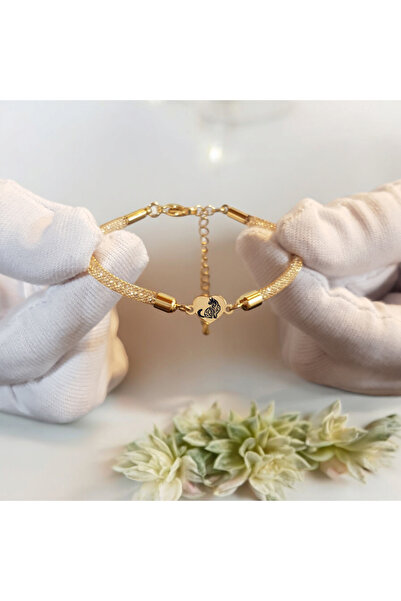 ARCHINO GOLD 14 Ayar Plakalı Altın Kedi Temalı Kalp Figürlü Hasır Kordonlu He...