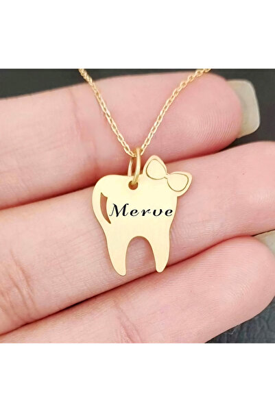 ARCHINO GOLD 14 Ayar Plakalı Altın Merve Ismine Özel Diş Ve Fiyonk Motifli Zi...