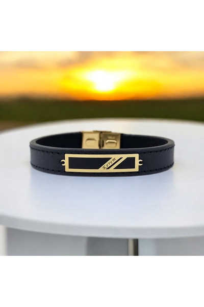 ARCHINO GOLD 14 Ayar Plakalı Altın Kerem Yazılı Hakiki Siyah Derili Dikdörtgen Motifli Hediye Bileklik-446isim