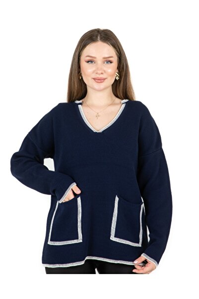 Sortie Tricotaj supradimensionat cu decolteu în V cu buzunare Albastru închis
