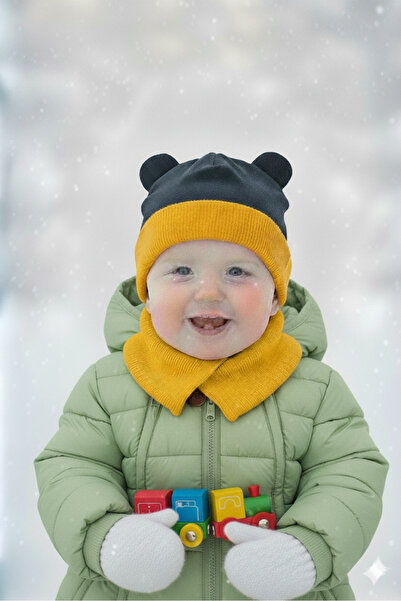 Babygiz Bebek Çocuk Çift Katlı Özel Tasarım Ekstra Soğuk Koruyucu Bere Boyunluk Takım