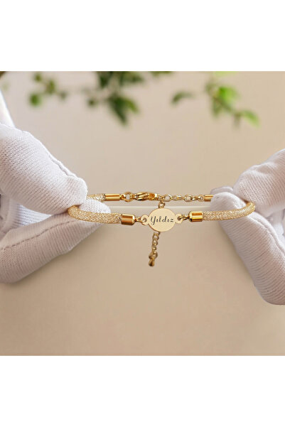 ARCHINO GOLD Altın Plakalı 14 Ayar Oval Motifli Hasır Kordonlu Yıldız İsmine ...
