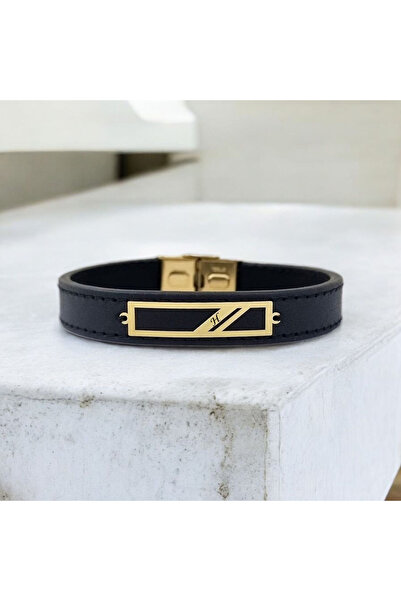 ARCHINO GOLD 14 Ayar Altın Plakalı H Harfine Özel Hakiki Siyah Derili Dikdörtgen Motifli Hediye Bileklik-446harf
