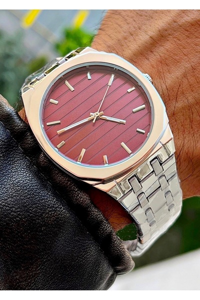 Weluxa Silver Color Claret Dial Steel Band 40mm Small Case Men's Wristwatch