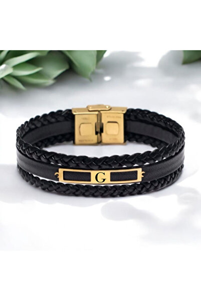 ARCHINO GOLD 14 Ayar Altın Plakalı Derili Erkeklere Dikdörtgen Motifli G Harf...