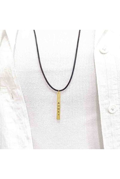 ARCHINO GOLD 14 Ayar Plakalı Altın Ahmet Yazılı Dikdörtgen Motifli Hakiki Mor Derili Hediyelik Kolye-483isim