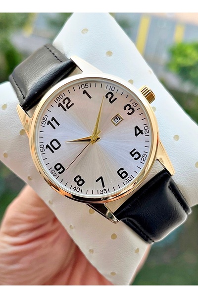Weluxa Altın Renk Kasa Gümüş Renk Kadran Deri Kordonlu Takvimli Klasik Erkek Kol Saati