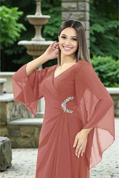 FaBe Fashion Uzun Şal Kollu V Yakalı Beli Taş Aksesuarlı Beyaz Şifon Nikah Nişan Söz ve Dış Çekim Elbisesi