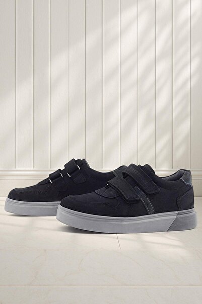 Rakerplus Genuine Leather Black Nubuck Gray Velcro Boys Sneaker