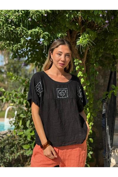 Punta Otantik Nc61130 Italian Back Mesh Laced Linen Blouse Black