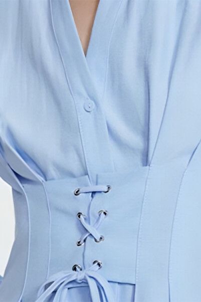 dorbe blue color button-up formal office wear tie waist shirt style mini dress