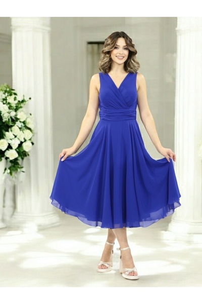 FaBe Fashion KOLSUZ KRUVAZE YAKA MİDİ BEYAZ ŞİFON NİKAH NİŞAN SÖZ ELBİSESİ