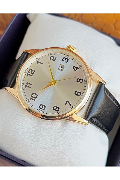 Weluxa Altın Renk Kasa Gümüş Renk Kadran Deri Kordonlu Takvimli Klasik Erkek Kol Saati