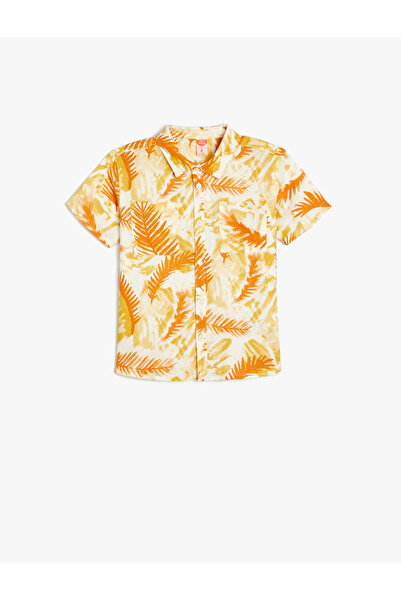 Koton Linen Shirt Short Sleeve Leaf Pattern Single Pocket