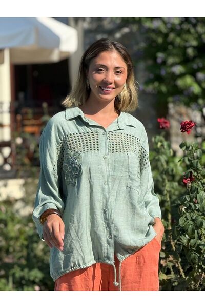 Punta Otantik Nc59028 Men's Italian Raw Linen Shirt with Mesh on the Collar F...