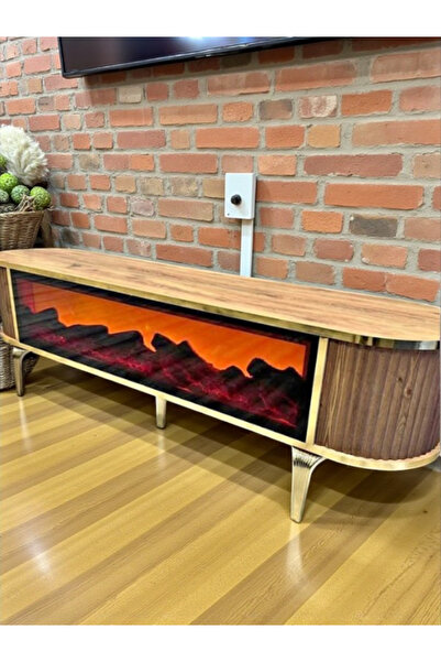 SEDAŞ LIVING UNITS Tv Ünitesi Şömineli Kahve Gold Ayak Bluetooth Ve Hoparlörlü Mavi ,kırmızı ,turuncu Kumandalı 160 Cm