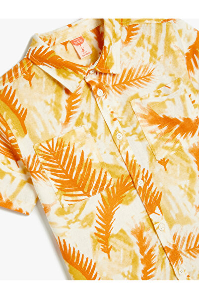 Koton Linen Shirt Short Sleeve Leaf Pattern Single Pocket