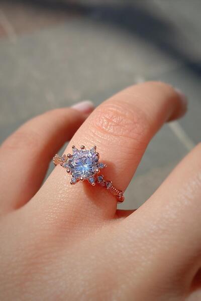 Erer Gümüş Gümüş Rose Lotus çiçeği tek taş yüzük