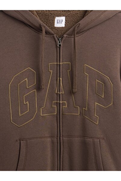 GAP Erkek Kahverengi Relaxed Logo Sherpa Astarlı Fermuarlı Sweatshirt