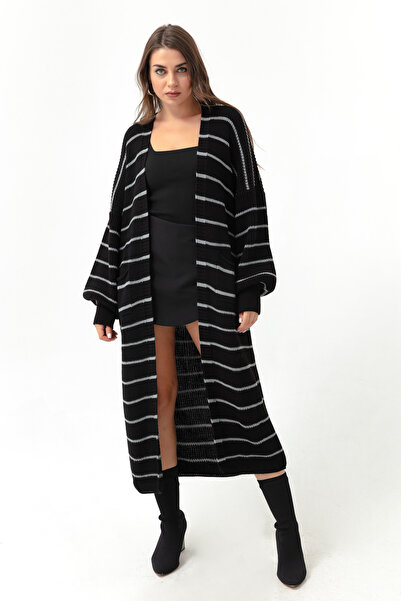 Lafaba Dámský černo-šedý kardigan s dlouhým úpletem s balonovým rukávem