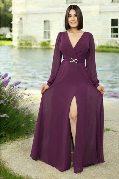 FaBe Fashion KRUVAZE YAKA UZUN KOLLU BELİ TOKALI YIRTMAÇLI ŞİFON NİKAH VE DIŞ ÇEKİM ABİYE ELBİSESİ