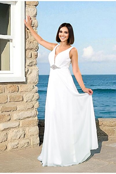 FaBe Fashion KALIN ASKILI DRAPELİ BELİ TAŞ AKSESUARLI BEYAZ ŞİFON NİKAH ,NİŞAN ve Dış Çekim Elbisesi