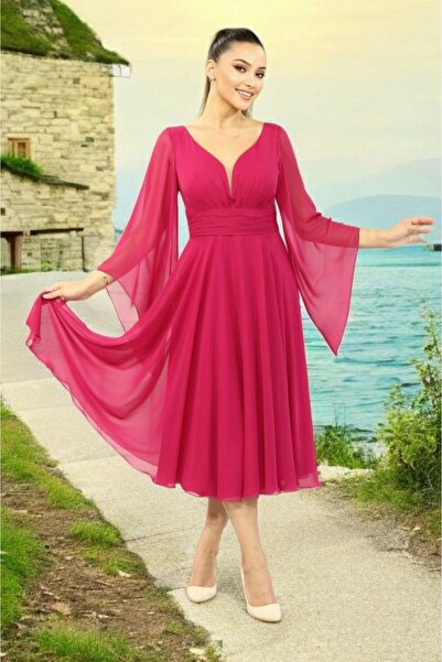 FaBe Fashion Uzun Volan Kollu Kalp Yaka Beli Büzgülü Midi Beyaz Şifon Elbise Nikah-nişan-söz-dış Çekim