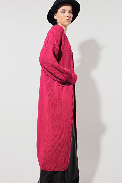 Lafaba Women's Fuchsia Balloon Sleeve Long Knitwear Cardigan