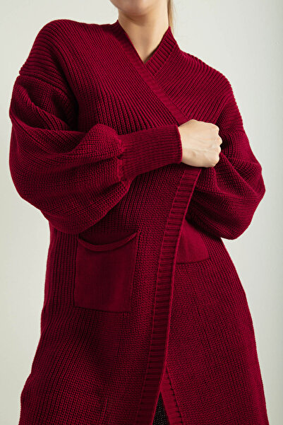 Lafaba Women's Burgundy Balloon Sleeve Long Knitwear Cardigan