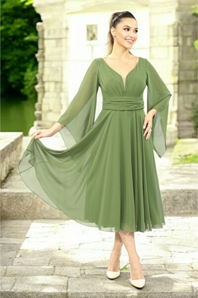 FaBe Fashion Uzun Volan Kollu Kalp Yaka Beli Büzgülü Midi Beyaz Şifon Elbise Nikah-nişan-söz-dış Çekim